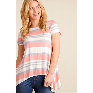 Women’s Striped Top. Symmetrical Hem and Crochet Design on Top of Back. Size: S.